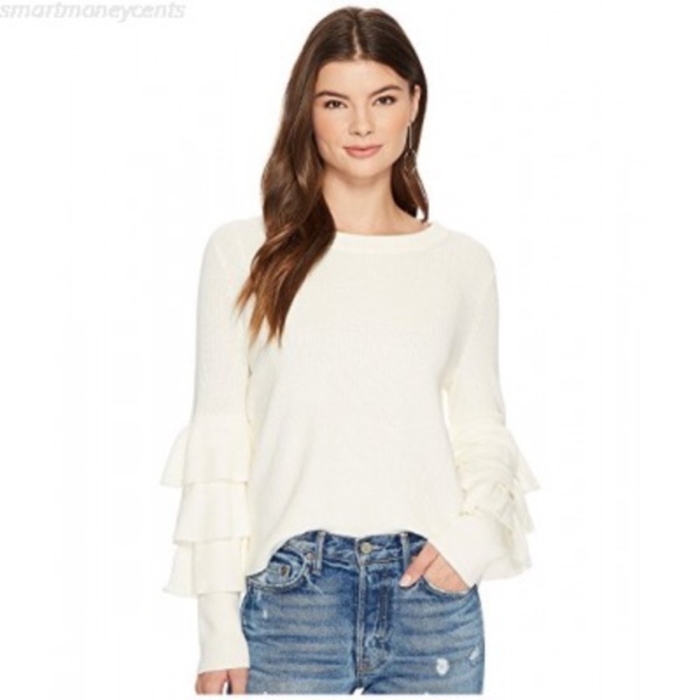 1. STATE Cream Knit Tiered Ruffle Long Sleeve Pullover Sweater Size Large
